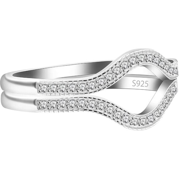 🆕 Women Silver Cubic ZIrconia Curved Stackable Rings Half Eternity Wedding Set - Picture 2 of 7
